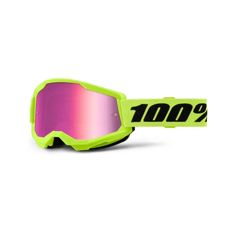 100% Strata 2 Pink Mirror Lens Goggles in Neon Yellow