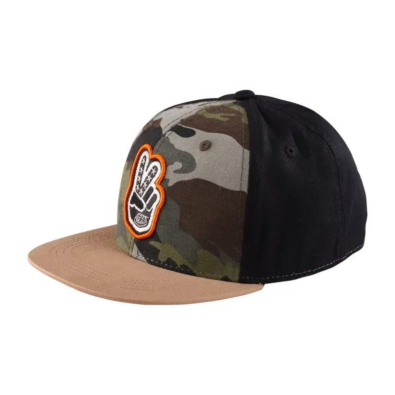 Troy Lee Designs Youth Flat Bill Snapback Cap in Peace Out Black/Forest Camo