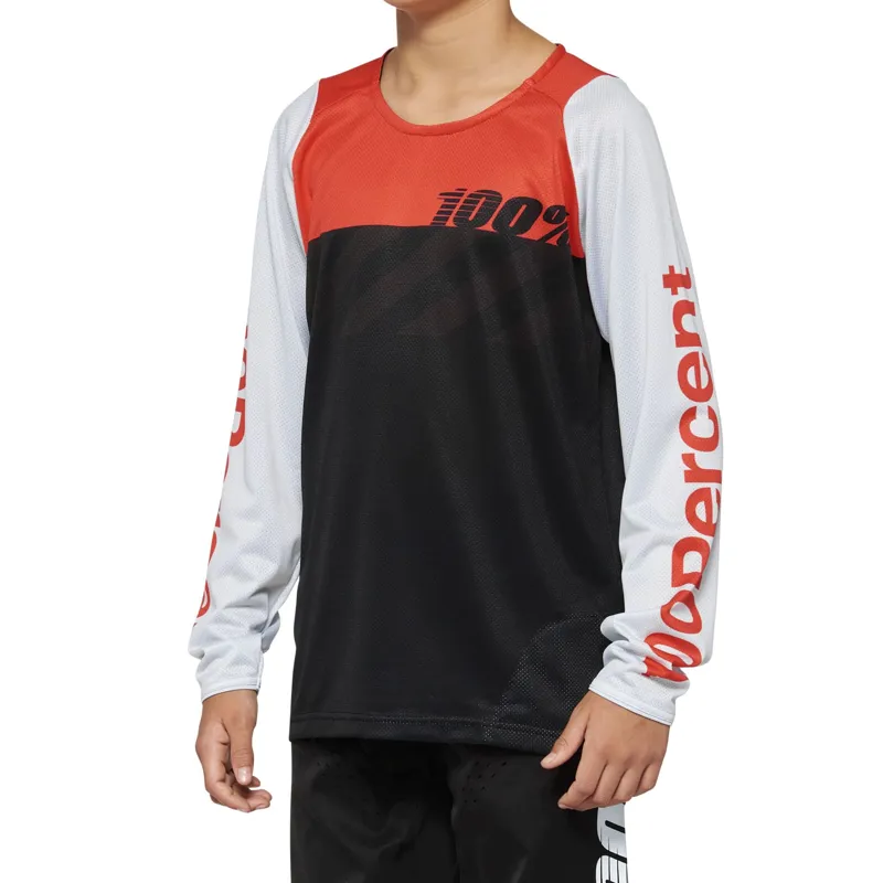 100% R-Core Long Sleeve Youth Jersey in Black/Racer Red