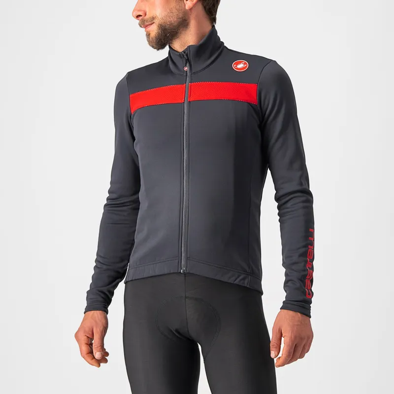 Castelli Puro 3 Full Zip Mens Jersey in Dark Grey Red Reflex