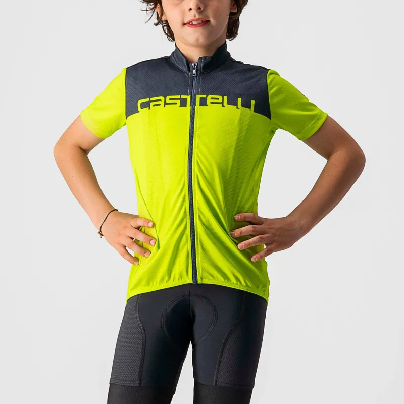 Castelli Neo Prologo Kids Jersey in Electric Lime/Savile Blue